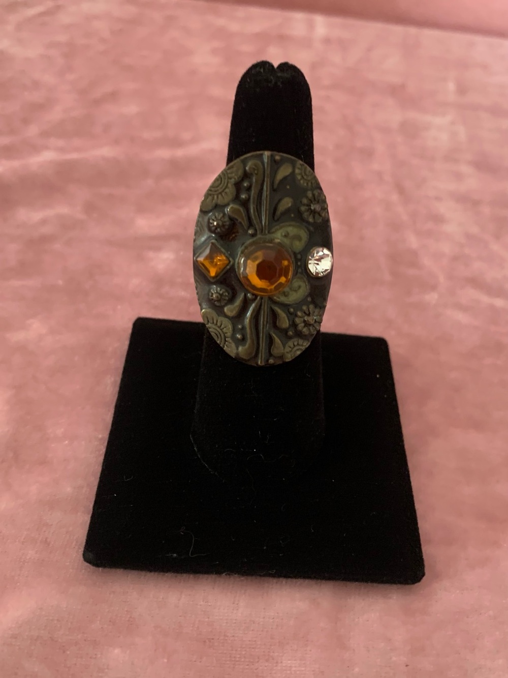 Vintage-Inspired Oval Statement Ring - copper and Amber tones and clear stones